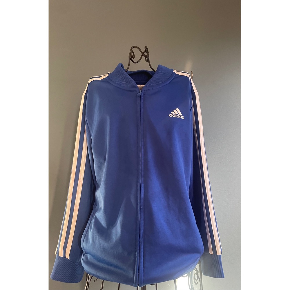 Kids Adidas Track Jacket Blue White 3 Stripe Zip Front Logo Activewear Size Mโ